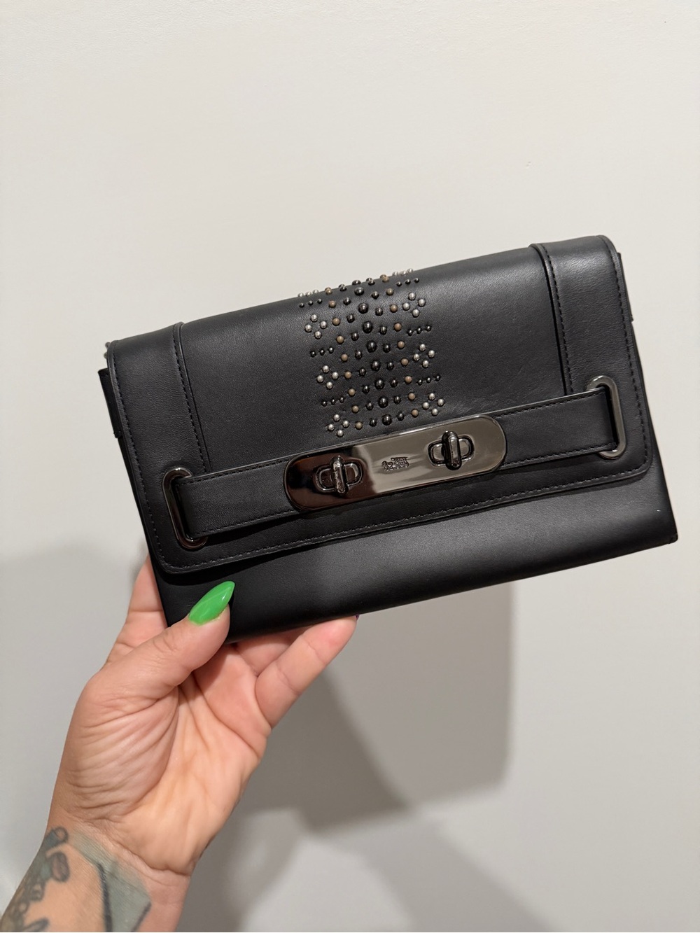 Coach Black Leather Studded Turn-Lock Wristlet Clutch